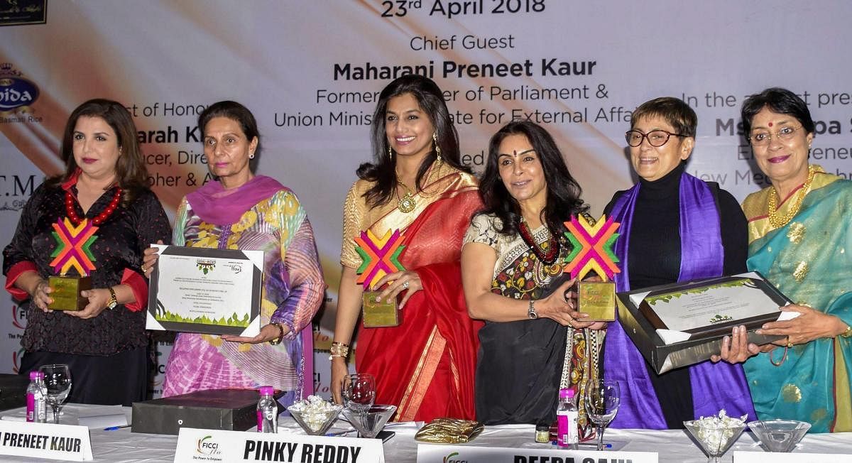 Bollywood choreographer Farah Khan, former Union minister Perneet Kaur, President of FICCI Ladies Organisation (FLO) Pinky Reddy and actress and producer Deepa Sahi at the launch of 15th FLO Amritsar Chapter in Amritsar on Monday. PTI Photo