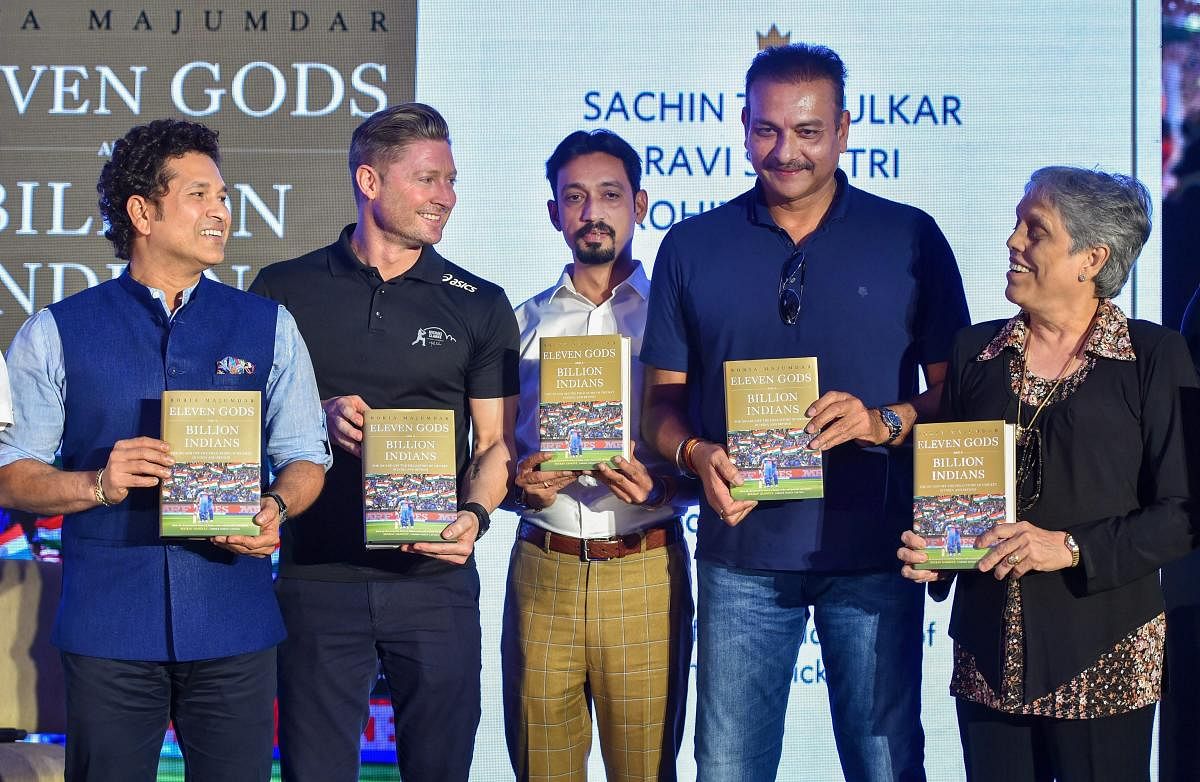 Cricket legend Sachin Tendulkar, Michael Clarke, Ravi Shashtri and Diana Edulji at the launch of book