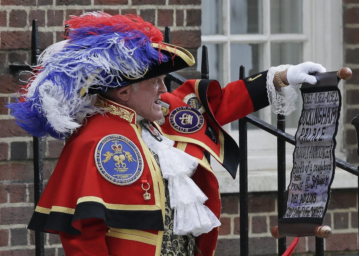 Town Crier Tony Appleton announces that the Duchess of Cambridge has given birth to a baby boy outside the Lindo wing at St Mary's Hospital in London, Monday, April 23, 2018. Kensington Palace says the Duchess of Cambridge has given birth to her third child, a boy weighing 8 pounds, 7 ounces (3.8 kilograms). AP/PTI Photo