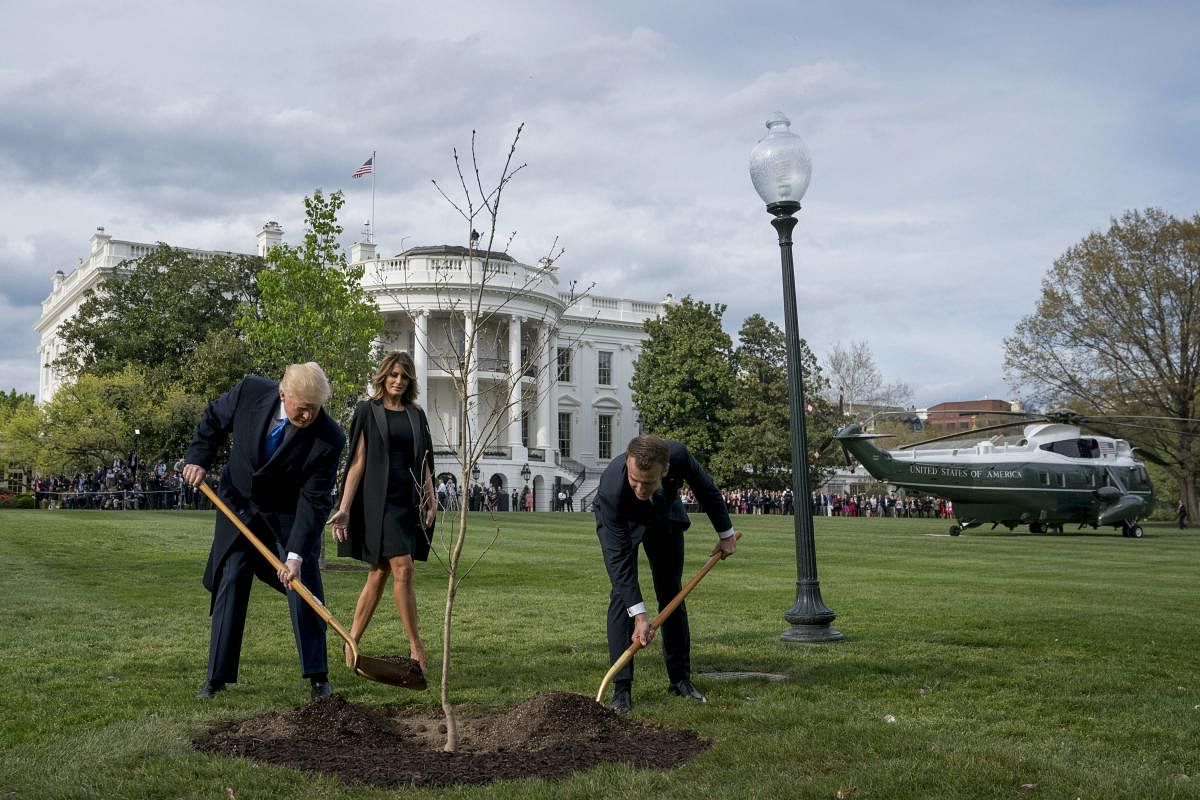 First lady Melania Trump watches as President Donald Trump and French President Emmanuel Macron participate in a tree planting ceremony on the South Lawn of the White House in Washington. AP/PTI Photo