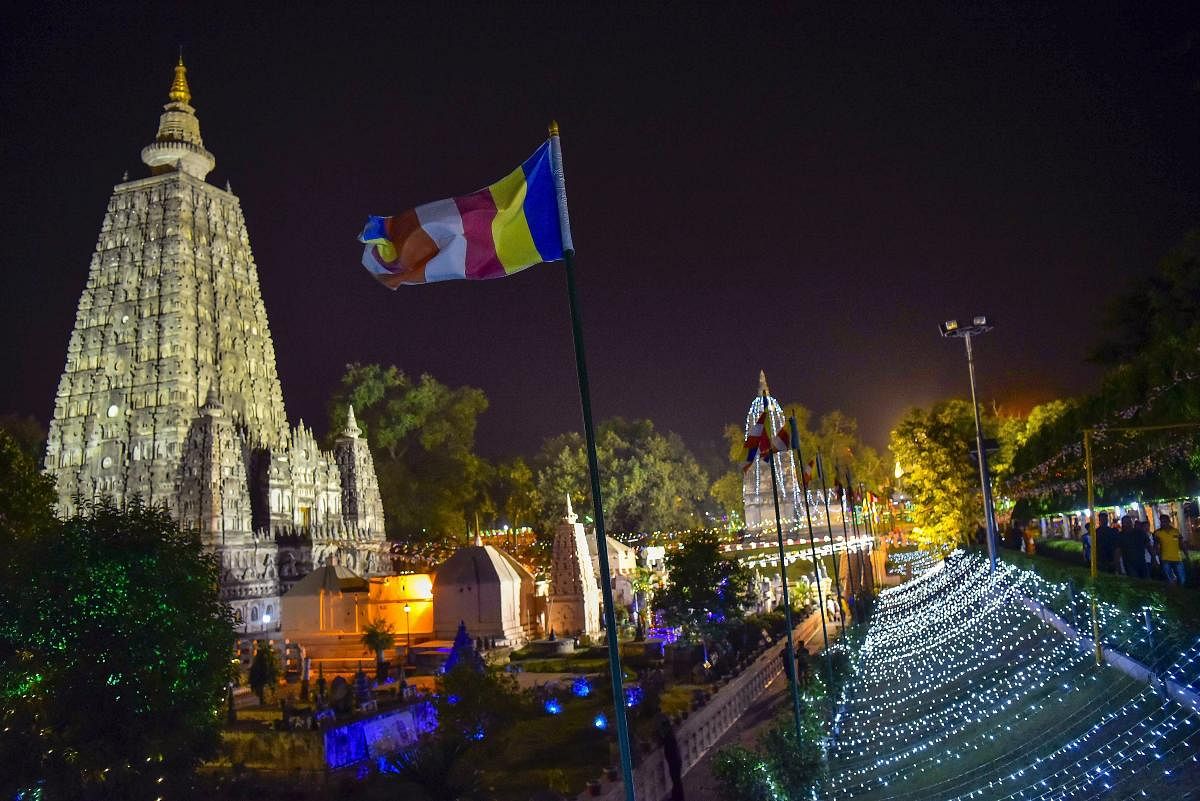 Maha Bodhi temple illuminated with lights ahead of Buddha Jayanti celebrations in Bodh Gaya. PTI Photo