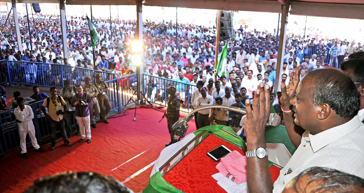 JD(S) chief and former chief minister H D Kumaraswamy during an election campaign at Chikmagalur in Karnataka on Sunday. PTI