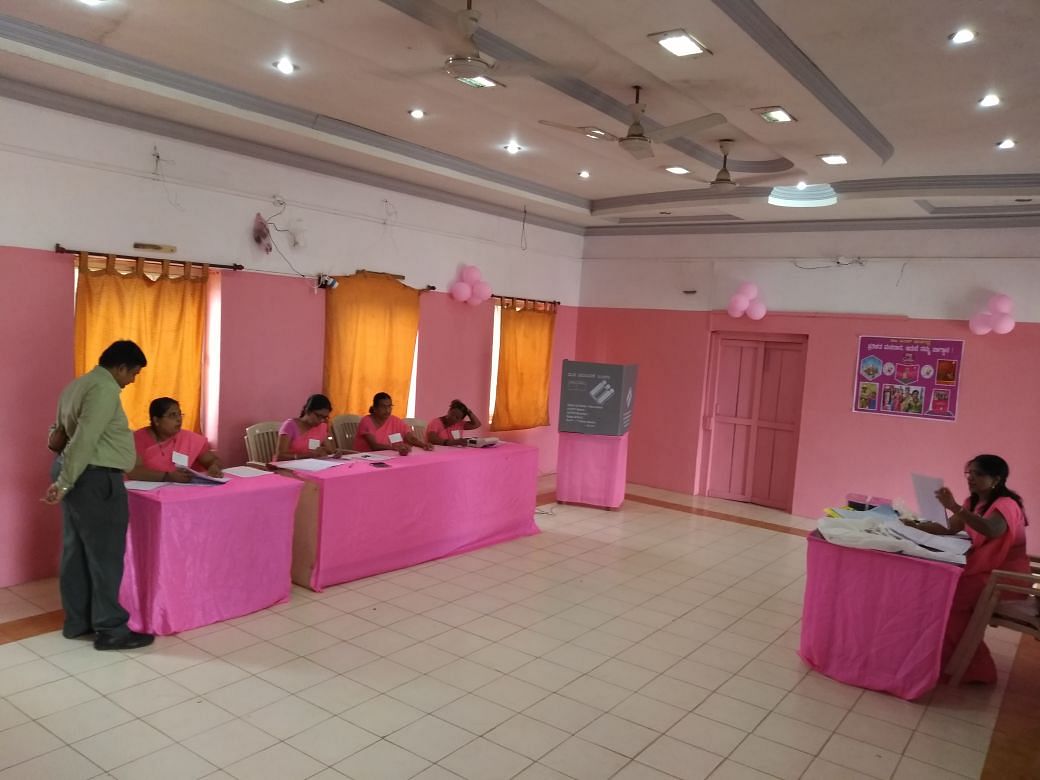 A view of the pink booth for women voters in Belagavi district.