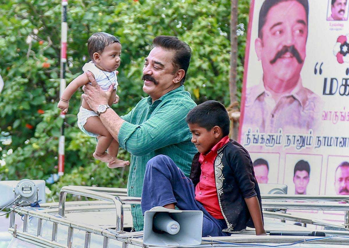 Makkal Needhi Maiam (MNM) President and actor Kamal Haasan during a rally at Panagudi town in Tirunelveli district of Tamil Nadu on Thursday. PTI Photo