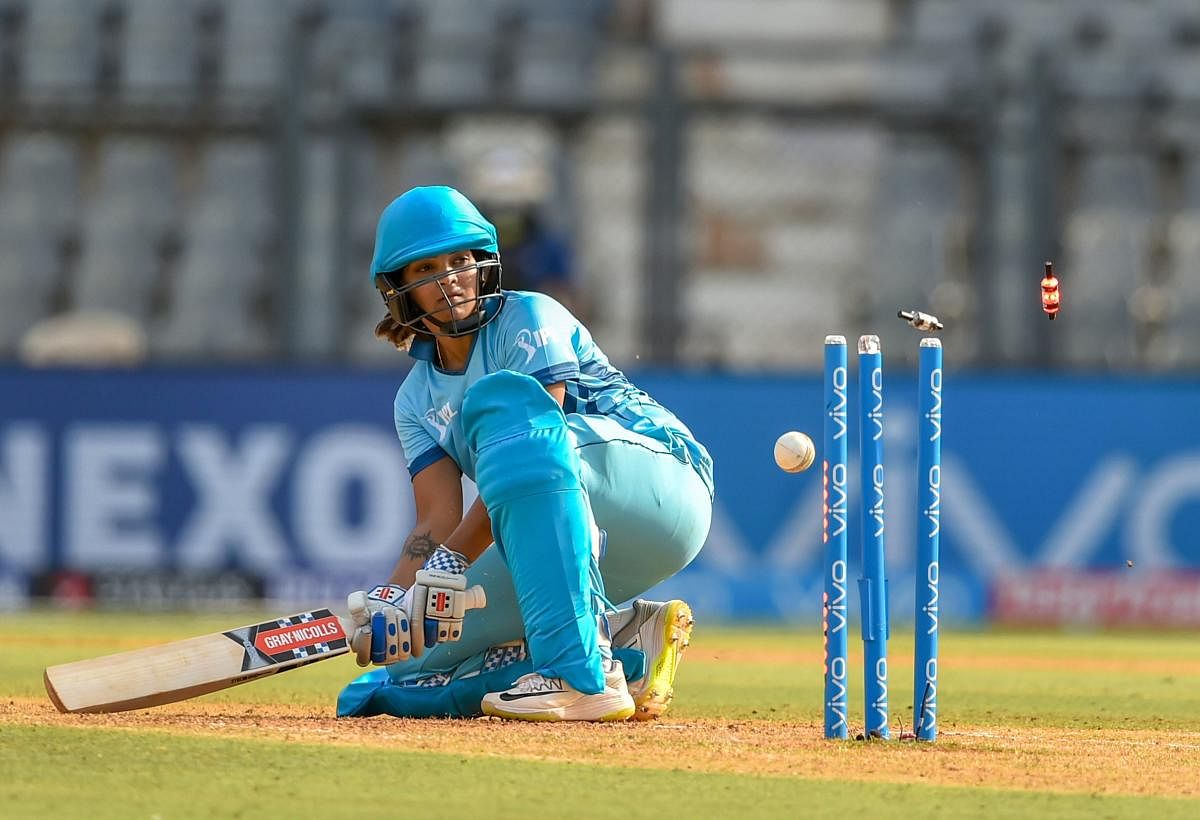 Supernovas' Veda Krishnamurthy gets bowled out during IPL Women's T20 cricket match against Trailbrazers at Wankhede Stadium, in Mumbai. PTI Photo