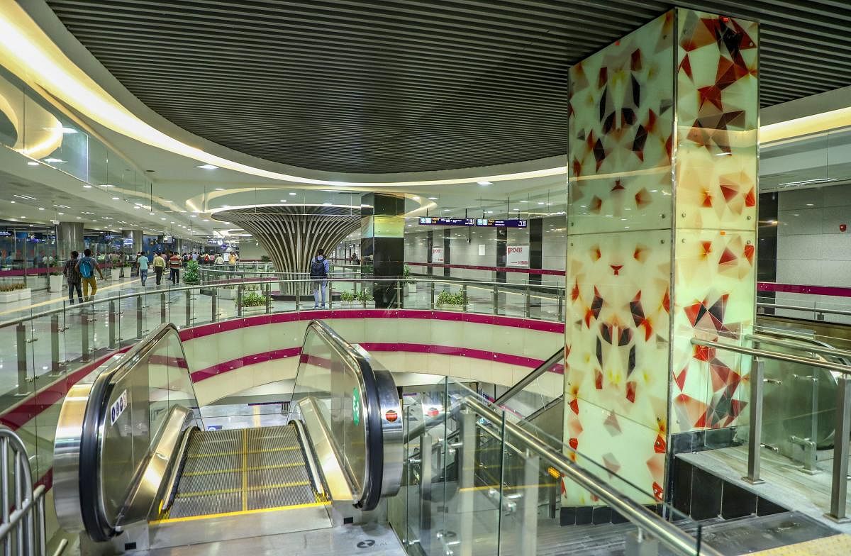 An inside view of Terminal 1-IGI airport metro station of the Delhi Metro's Magenta Line connecting Kalkaji Mandir in south Delhi to Janakpuri West, in New Delhi, on Thursday. The 25.6 kilometre long Janakpuri West's Kalkaji Mandir Metro corridor will be formally flagged off on May 28, 2018. PTI