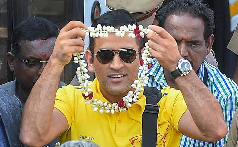 Chennai: Chennai Super Kings (CSK) skipper MS Dhoni being welcomed on his arrival at the Chennai Airport, in Chennai on Monday, May 28, 2018. CSK defeated SRH by 8 wickets to lift the IPL 2018 trophy on Sunday night. (PTI Photo)