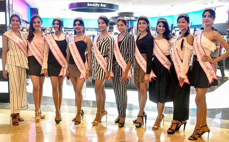 Miss India 2018 finalists pose for a photograph during a promotional event for a cosmetic brand, in Mumbai on Tuesday, May 29, 2018. (PTI Photo/Mitesh Bhuvad)