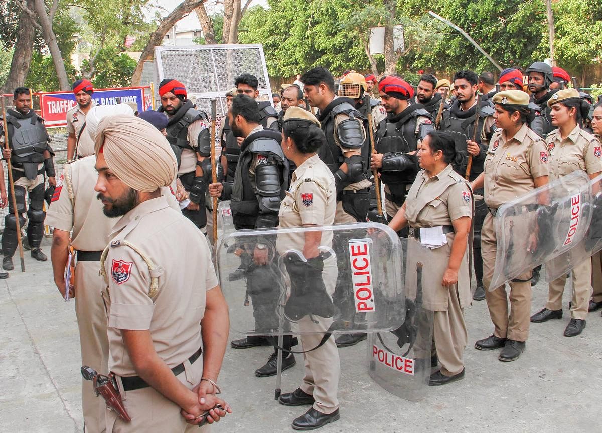 Pathankot: Heavy security deployed outside the Judicial Courts Complex during the trial of Kathua rape and murder case, in Pathankot, Punjab on Thursday, May 31, 2018. (PTI Photo)