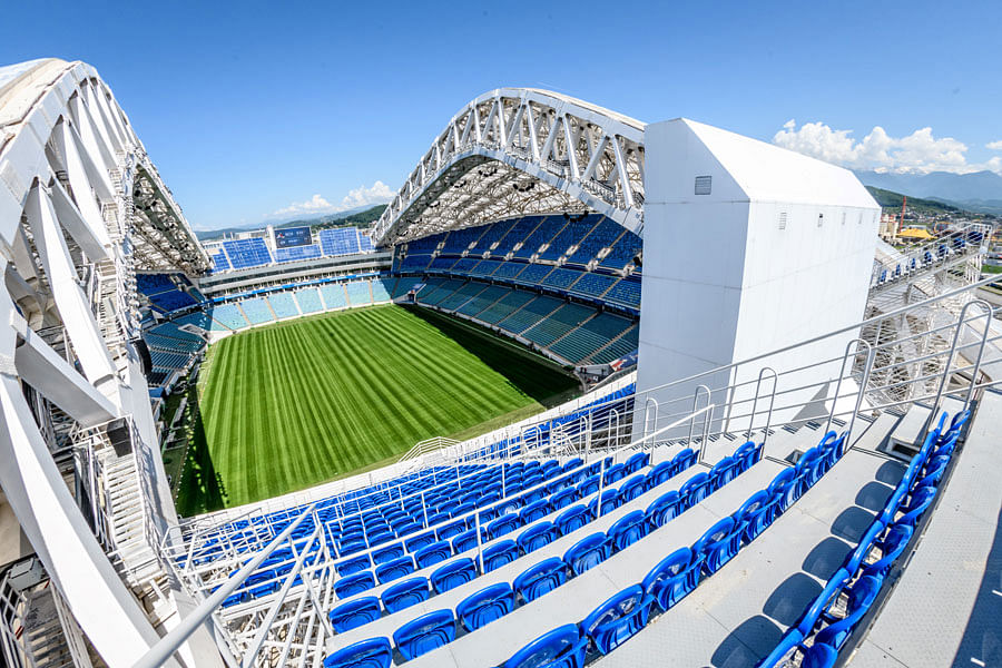 A photo shows the pitch and the stands of the Fisht Olympic Stadium in Sochi. During the World Cup, the 40,000-seater   stadium will host four first round group games, one round of 16 match, and one quarter-final. Source: Mladen ANTONOV / AFP