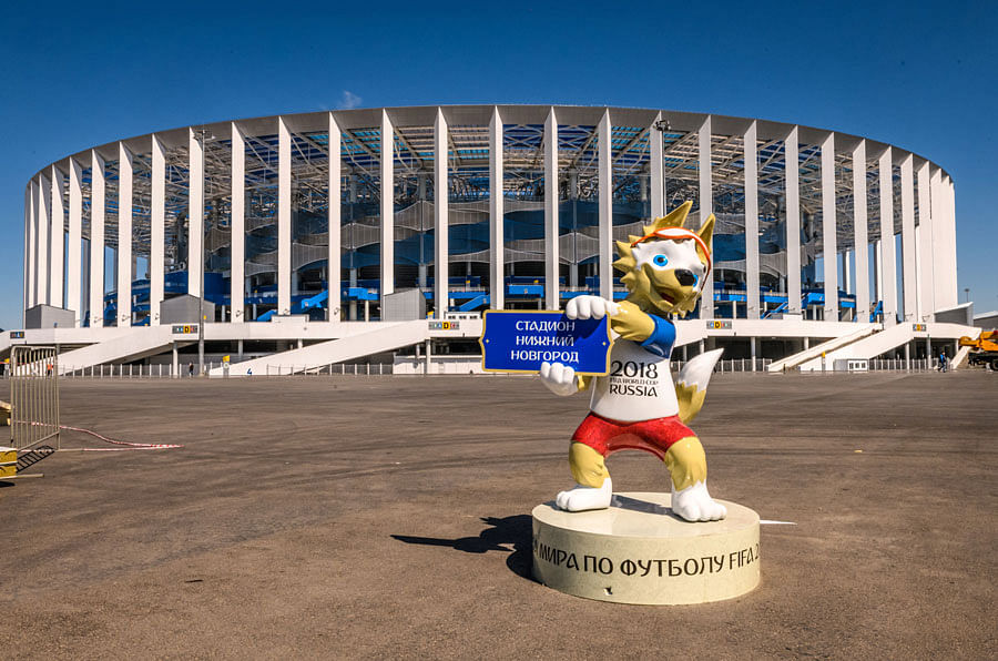 A photo shows FIFA World Cup 2018 mascot Zabivaka, placed in front of the Nizhny Novgorod Arena in Nizhny Novgorod. the   stadium will host four group matches, Round of 16 game and a quarter-final football match of the World Cup. Source: MLADEN ANTONOV / AFP