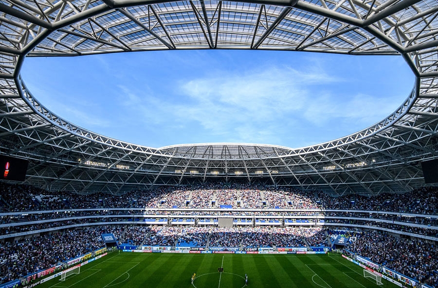 A general view shows the pitch of the Samara Arena, also known as Kosmos Arena, during a local match, in Samara, Russia,   ahead of the 2018 World Cup. The nearly 45,000-seater stadium will host six World Cup matches. Source: Mladen ANTONOV / AFP