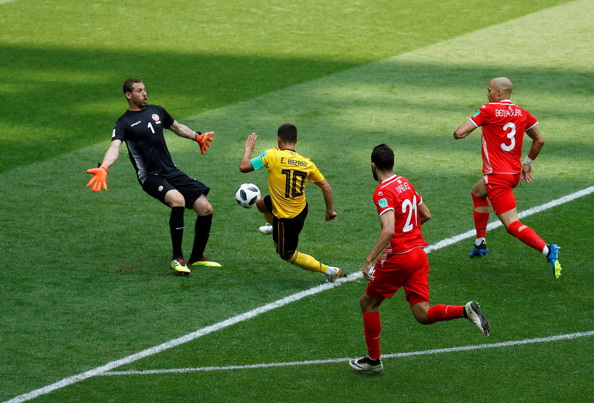 Soccer Football - World Cup - Group G - Belgium vs Tunisia - Spartak Stadium, Moscow, Russia - June 23, 2018 Belgium's Eden Hazard scores their fourth goal REUTERS