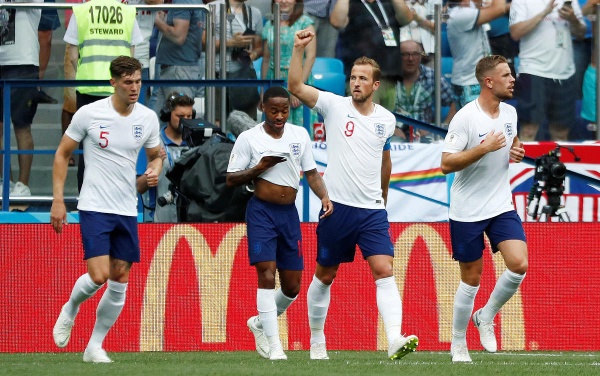 Soccer Football - World Cup - Group G - England vs Panama - Nizhny Novgorod Stadium, Nizhny Novgorod, Russia - June 24, 2018 England's Harry Kane celebrates scoring their second goal with team mates REUTERS