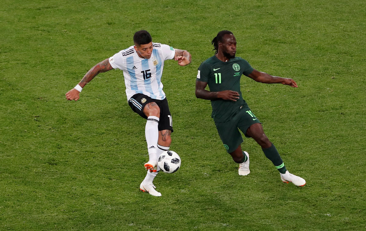 World Cup - Group D - Nigeria vs Argentina - Saint Petersburg Stadium, Saint Petersburg, Russia - June 26, 2018 Argentina's Marcos Rojo scores their second goal. Reuters