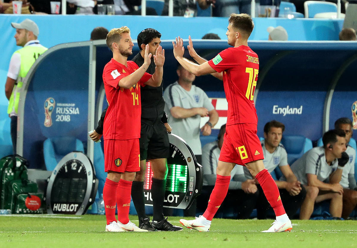 World Cup - Group G - England vs Belgium - Kaliningrad Stadium, Kaliningrad, Russia - June 28, 2018 Belgium's Dries Mertens comes on as a substitute to replace Adnan Januzaj. Reuters