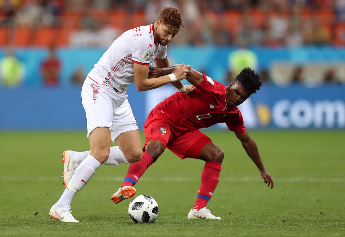 World Cup - Group G - Panama vs Tunisia - Mordovia Arena, Saransk, Russia - June 28, 2018 Panama's Luis Ovalle in action with Tunisia's Fakhreddine Ben Youssef. Reuters
