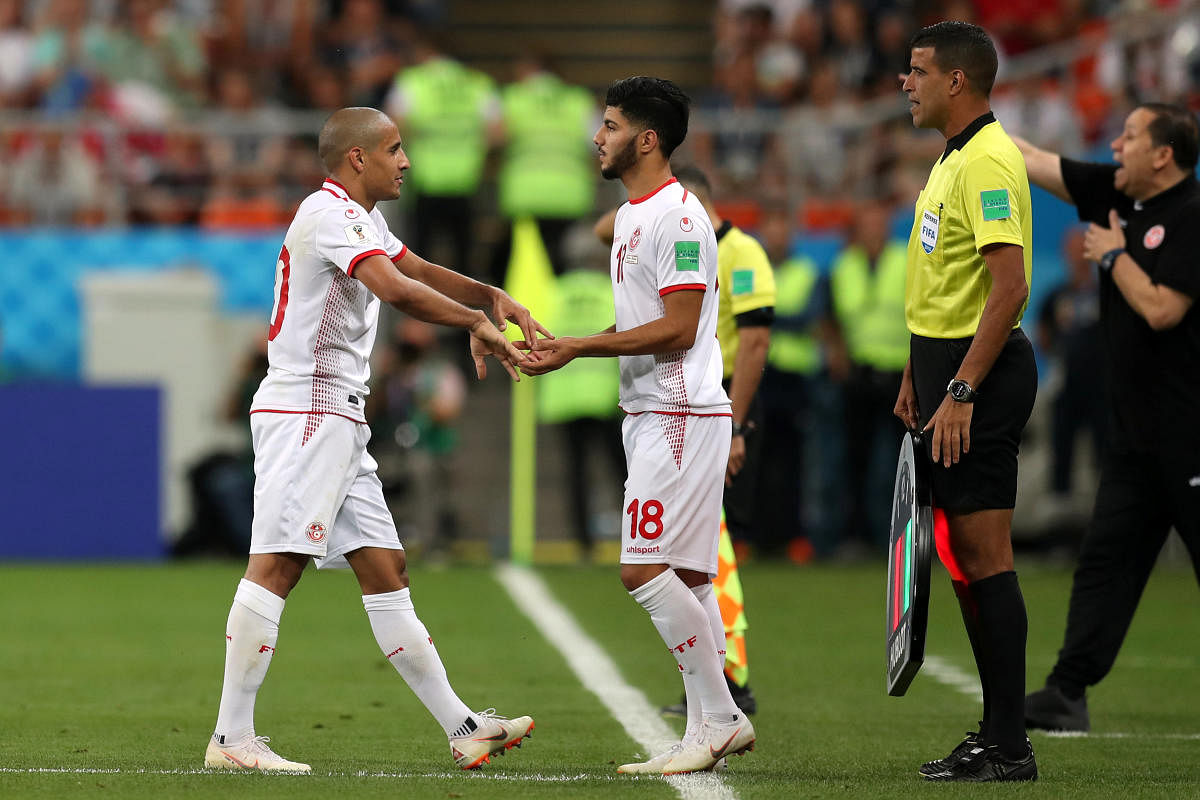 World Cup - Group G - Panama vs Tunisia - Mordovia Arena, Saransk, Russia - June 28, 2018 Tunisia's Bassem Srarfi comes on as a substitute to replace Wahbi Khazri. Reuters
