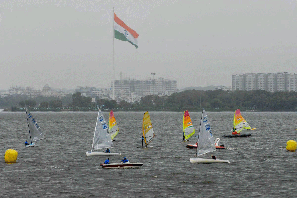 Participants at Multi Class Sailing Championship at Hussain Sagar Lake, in Hyderabad on Saturday, July 7, 2018. (PTI Photo)