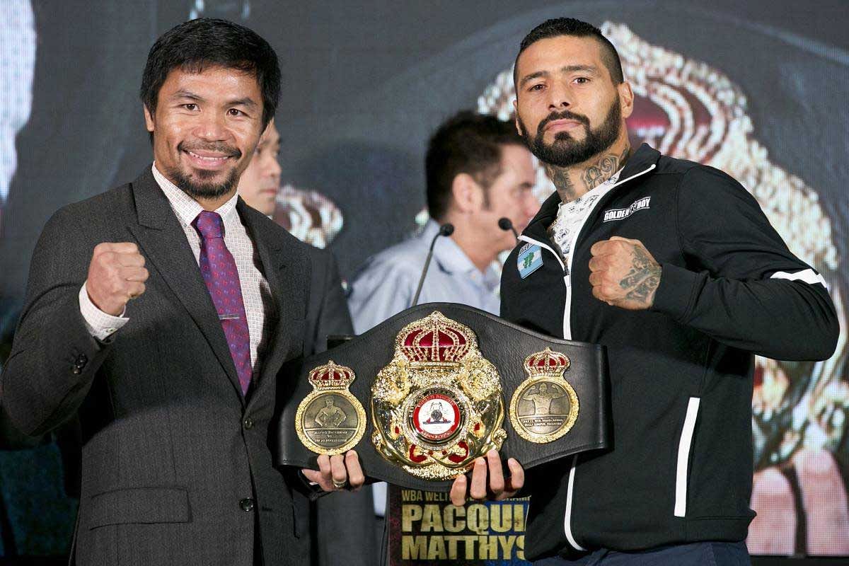 Philippine senator and boxing hero Manny Pacquiao, left, poses with Argentine WBA welterweight champion Lucas Matthysse during a press conference, in Kuala Lumpur, Malaysia, Thursday, July 12, 2018. Matthysse and Pacquiao were scheduled to fight on July 15, for the World Boxing Association welterweight title in Malaysia.AP/PTI