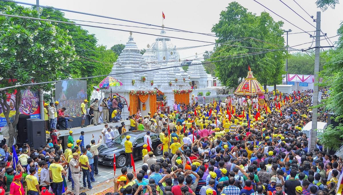 Crowd gathered for Lord Jagannath's Rath Yatra in New Delhi on Saturday,14,july,2018.(PTI Photo)