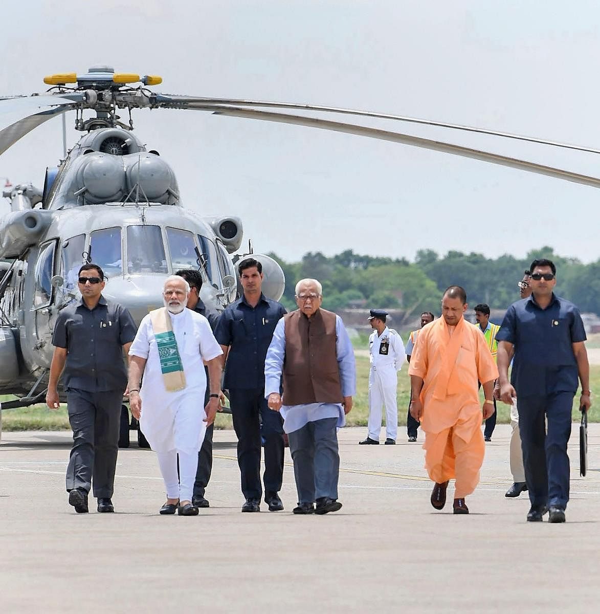 Prime Minister Narendra Modi leaves from Varanasi after inaugurating the Bansagar canal project and laying the foundation stone of Mirzapur Medical college on Sunday, July 15, 2018. Uttar Pradesh Governor Ram Naik and Chief Minister Yogi Adityanath are also seen. (PIB Photo via PTI)