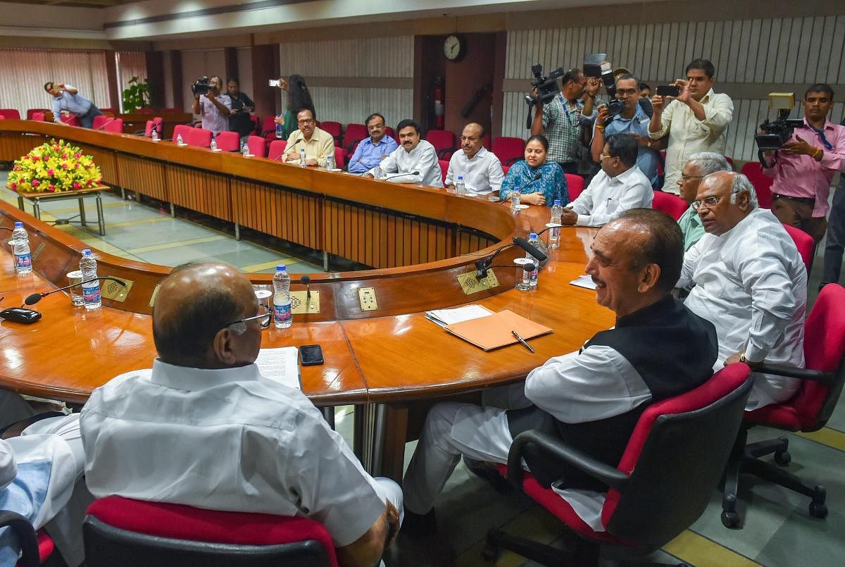 Leaders of various opposition parties during a meeting in the Parliament Library, ahead of the Monsoon Session which begins on July 18, in New Delhi on Monday, July 16, 2018. (PTI Photo/Shahbaz Khan)