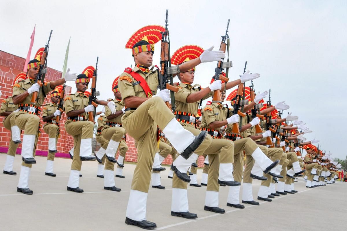 Srinagar: New BSF recruits during the passing out-cum-attestation parade at STC BSF headquarters in Humhama, Srinagar on Saturday, July 28, 2018. (PTI Photo)