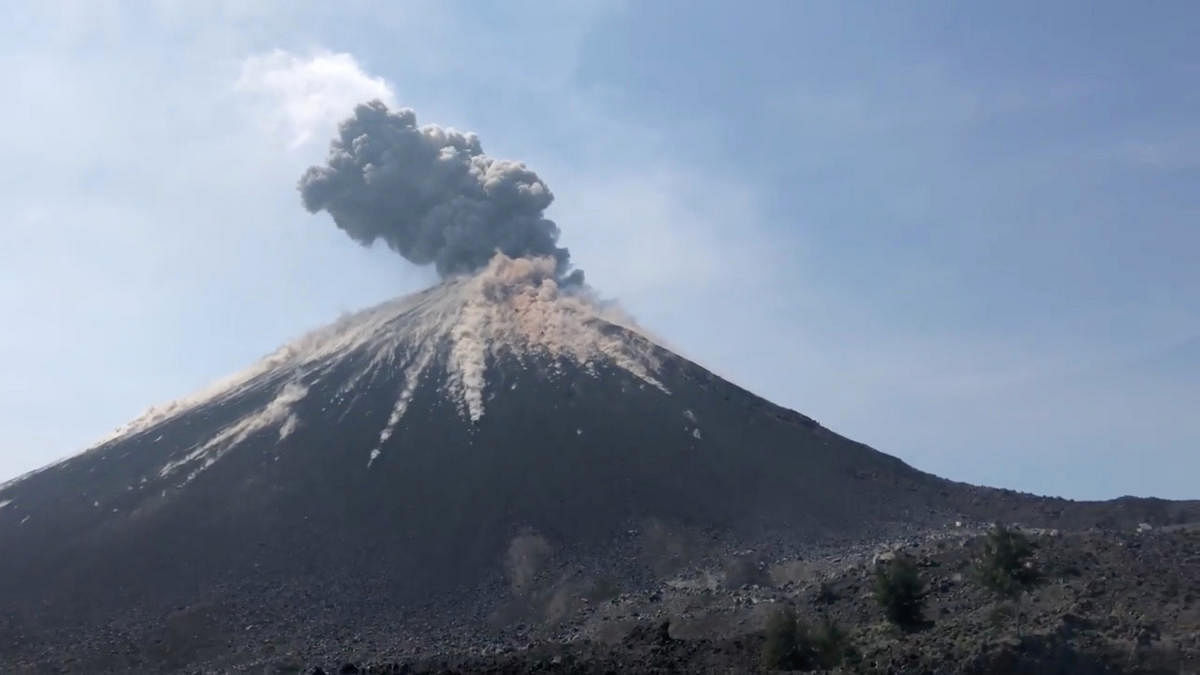 Anak Krakatau volcano erupts, as seen from Rakata, Indonesia, July 18, 2018, in this still image taken from a video obtained from social media. Aventure Volcans/via REUTERS