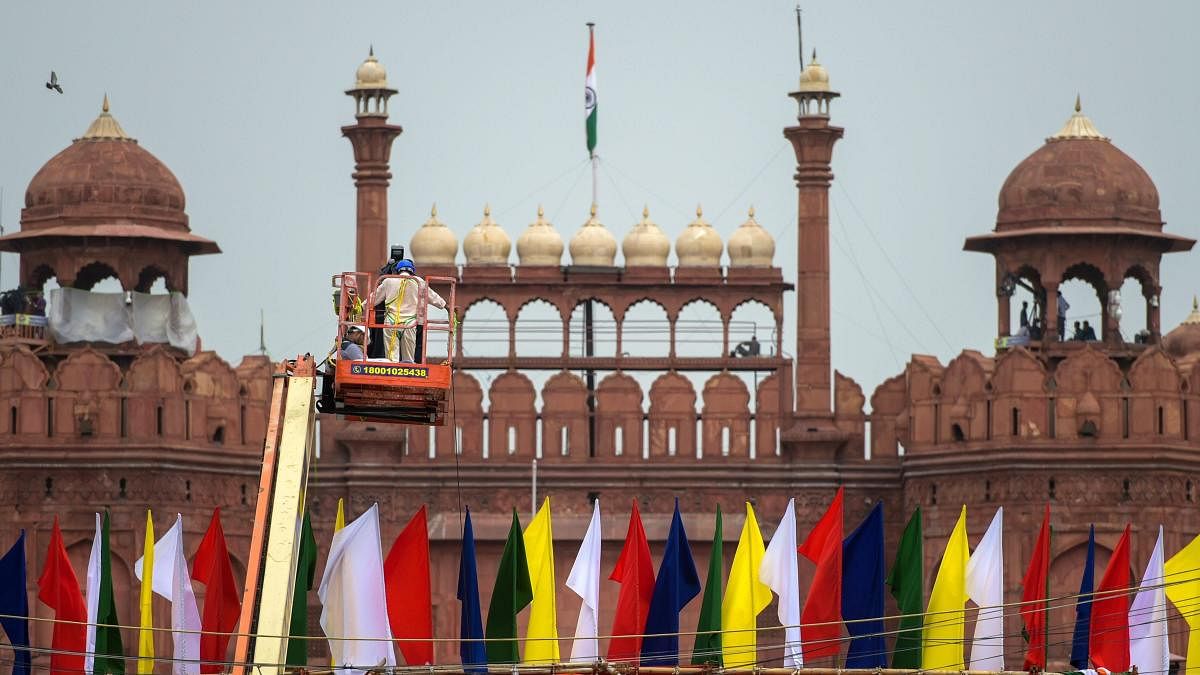 Preparations at Red Fort on the eve of full dress rehearsal for Independence Day celebrations, in New Delhi on Sunday, Aug 12, 2018. (PTI Photo)
