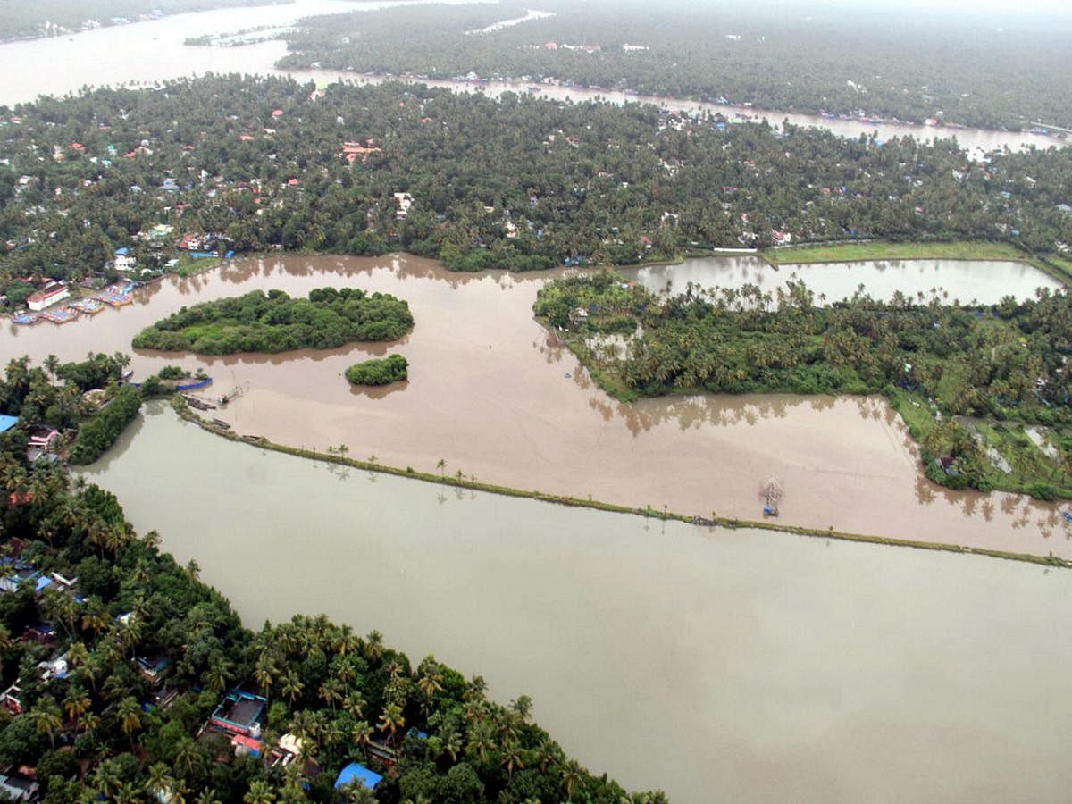An aerial view of Aluva town following a flash flood after heavy rains, in Kochi on Tuesday 14th Aug 2018. (Navy Photo via PTI)
