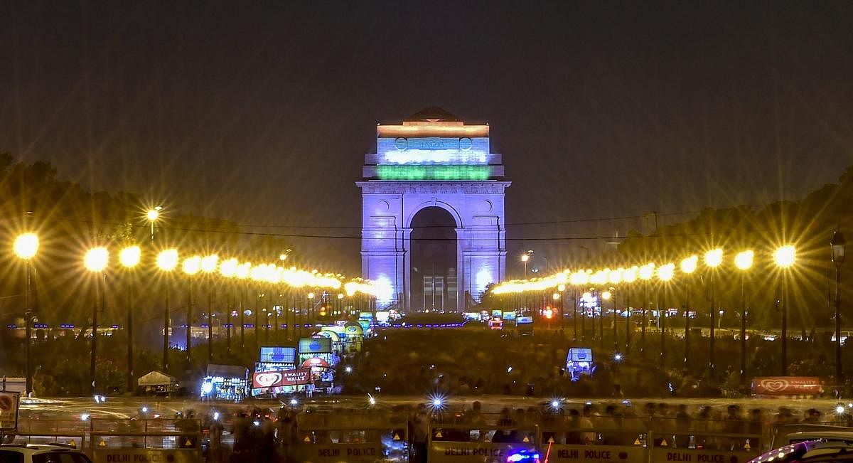 A view of illuminated India Gate in tricolour to commemorate the 72nd Independence Day, in New Delhi on on Wednesday, Aug 15, 2018. (PTI Photo)