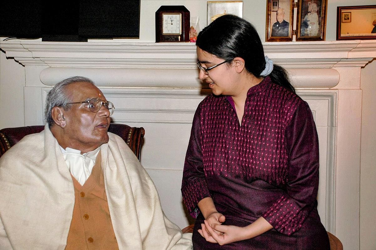 A B Vajpayee is seen with his grand-daughter on his 85th birthday, in New Delhi. Vajpayee, 93, passed away on Thursday, Aug 16, 2018, at the All India Institute of Medical Sciences, New Delhi after a prolonged illness. (PTI file photo)