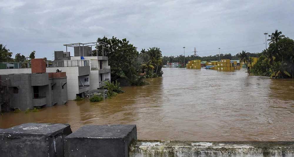 A view of a flood affected area, in Kochi on Friday. PTI Photo