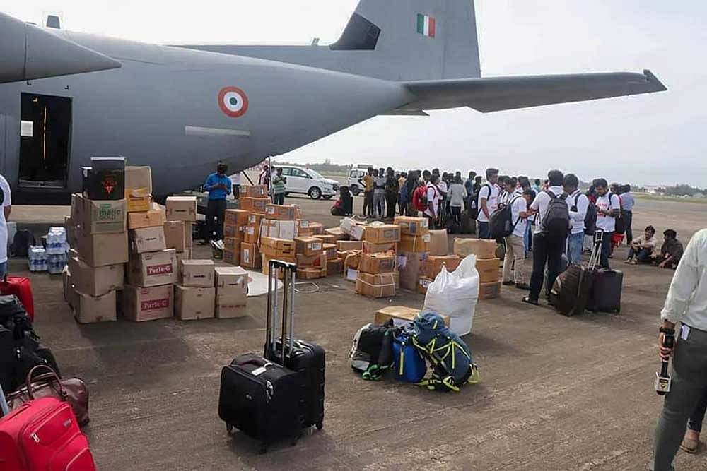 Medical supplies being loaded onto a plane to provide first aid & medical treatment to the flood affected people in Kerala, at Air Force Station Hindon. PTI Photo