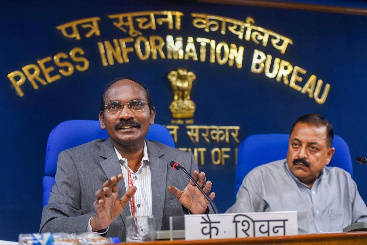 Minister of State for Atomic Energy and Space Jitendra Singh and Indian Space Research Organisation (ISRO) Chairman K. Sivan at a press conference on the issues related to Department of Space, in New Delhi on Tuesday, August 28, 2018.