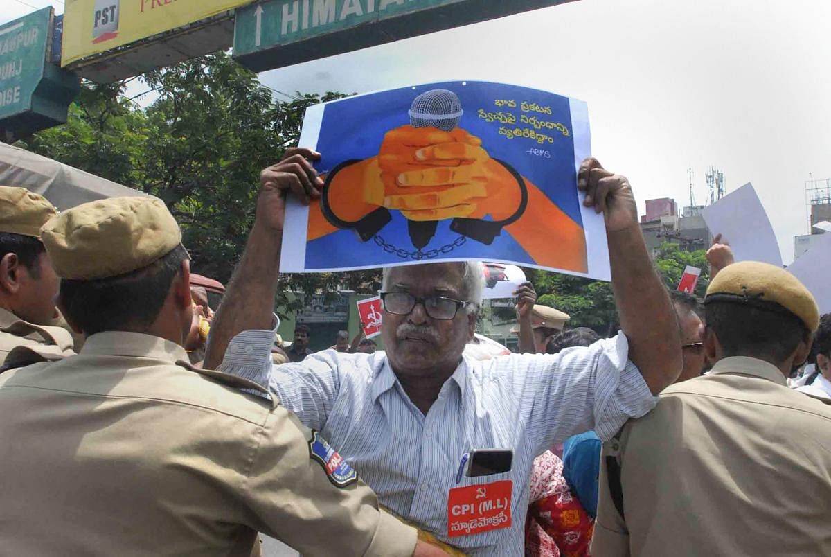 Police detain activists during a protest against the arrest of revolutionary writer Varavara Rao and other activists in connection with Bhima-Koregaon violence, in Hyderabad on Wednesday, Aug 29, 2018. PTI