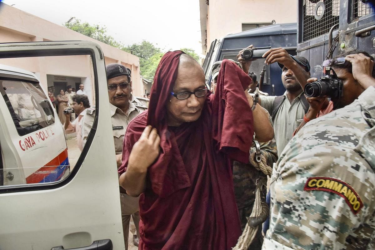 Bangladeshi Buddhist monk Bhante Sangh Priya, accused of sexually abusing a minor girl, being produced in a court in Gaya on Thyrsday, Aug 2018. PTI