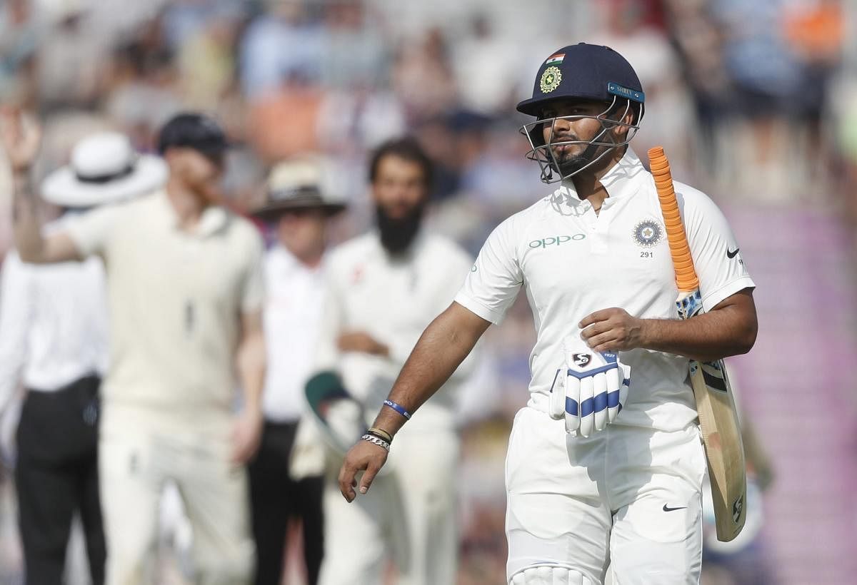 India's wicketkeeper Rishabh Pant walks off the pitch after being given out lbw off the bowling of England's Moeen Ali during play on the second day of the 4th cricket test match between England and India at the Ageas Bowl in Southampton, England, Friday, Aug. 31, 2018. England and India are playing a 5 test series. AP/ PTI