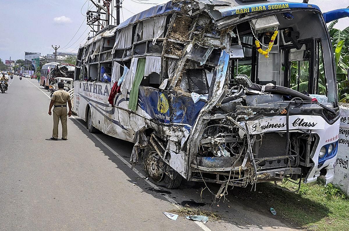 The remains of a bus which collided after a road accident, at Salem in Madurai on Saturday, Sept 1, 2018. (PTI Photo)