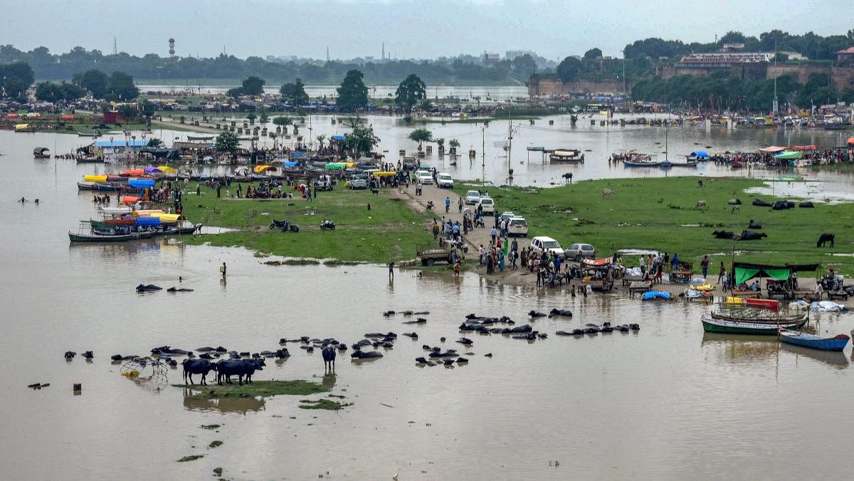 A view of the submerged area as the water level of river Ganga rises following monsoon rains, in Allahabad on Monday, Sept 3, 2018. (PTI Photo)