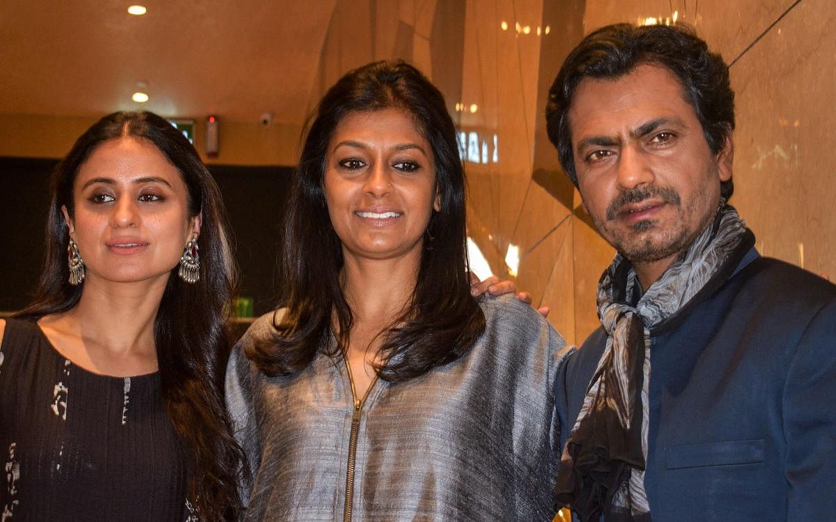 Writer-Director Nandita Das flanked by Bollywood actors Rasika Dugal (L) and Nawazuddin Siddiqui during a promotion for their upcoming movie 'Manto', in New Delhi, Wednesday, Sept 19, 2018. (PTI Photo)