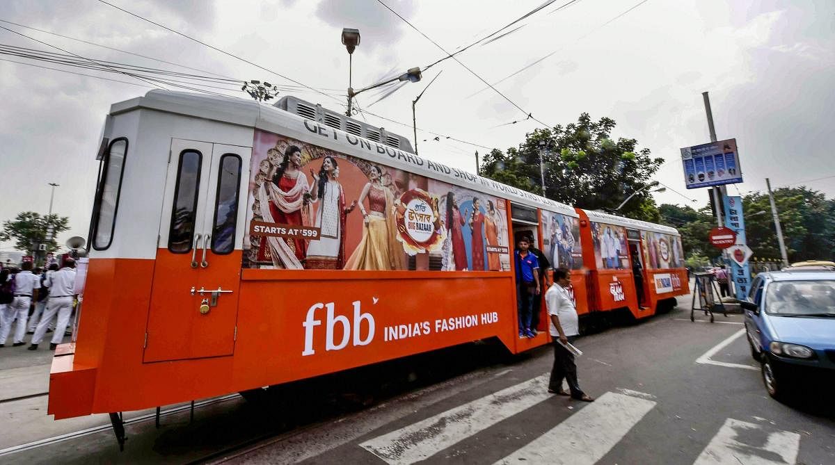 A market organised in a tram for Durga Puja festival, in Kolkata on Wednesday, Sept 19, 2018. (PTI Photo)