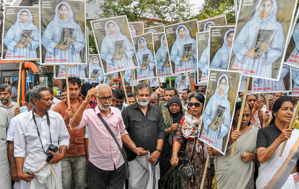 A protest march taken towards Ernakulam IG office demanding arrest of Bishop Franco Mulakkal, accused of raping a nun, in Kochi, Wednesday, Sept 19, 2018. Mulakkal is appearing for questioning before the special investigation team of the Kerala police in Thrippunithura, police sources said. (PTI Photo)
