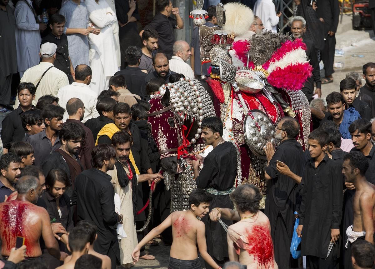 Rawalpindi : Shiite Muslims flagellate themselves with knives on chains near Zul Jinnah, a horse symbolizing the horse that Shiite spiritual leader Imam Hussein used to fight against his enemy in the historic battle of Karbala, during a procession to mark Ashoura in Rawalpindi, Pakistan, Friday, Sept. 21, 2018. Muharram is a month of mourning in remembrance of the martyrdom of Imam Hussein, the grandson of Prophet Mohammed. AP/PTI