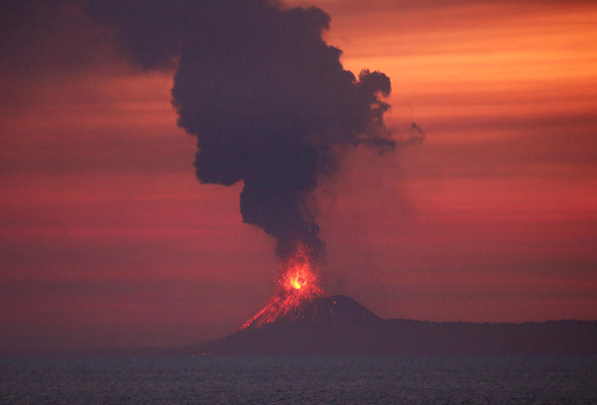 Anak Krakatau (Child of Krakatoa) volcano is seen from Japanese helicopter carrier Kaga at the Indian Ocean, Indonesia September 22, 2018. REUTERS/Kim Kyung-Hoon