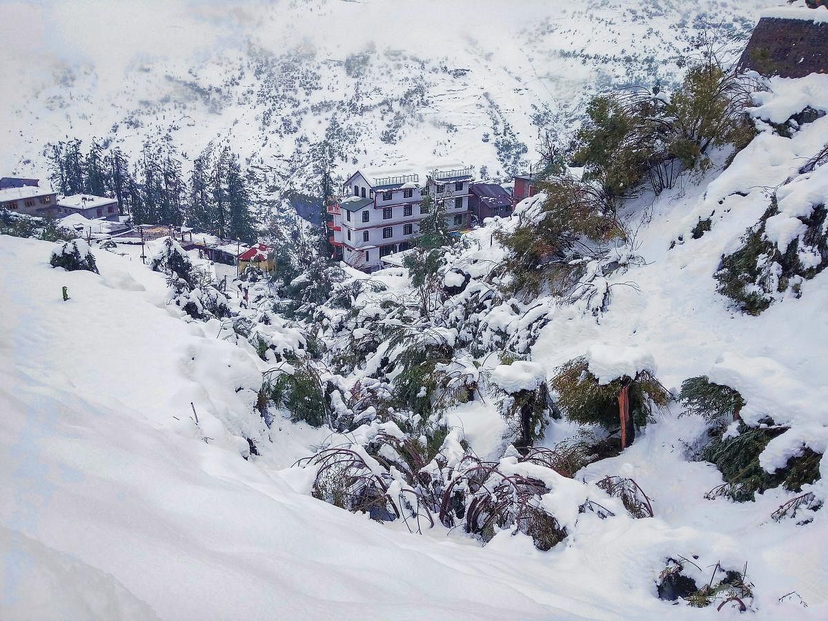 Keylong: A view of a snow-covered hills, at Keylong in Lahaul-Spiti district, Monday, September 24, 2018. The tribal district of Lahaul and Spiti experienced heavy rain and snowfall. (PTI Photo)