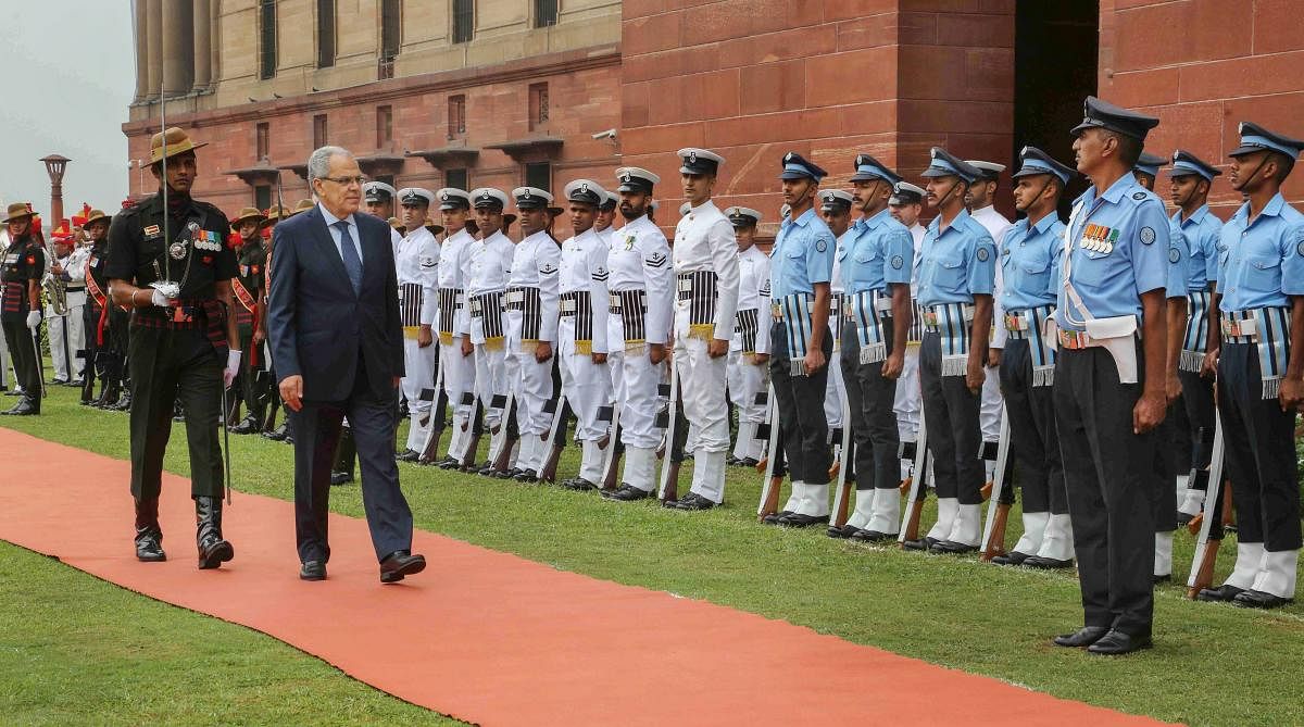 New Delhi: Morocco's Minister of Defence Abdellatif Loudiyi inspects a guard of honour, at South Block, New Delhi, Tuesday, September 25, 2018. (DEF Photo via PTI)