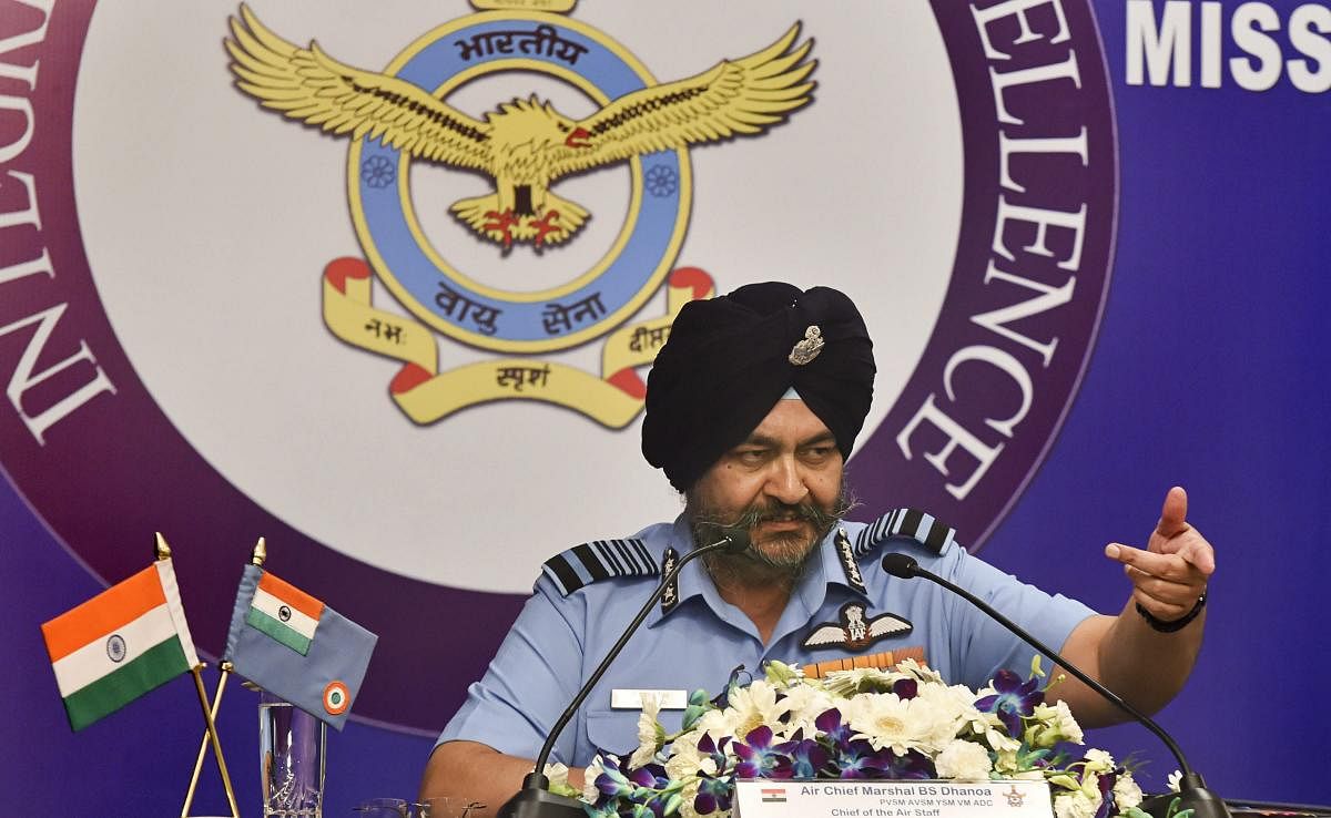 Air Chief Marshal Birender Singh Dhanoa addresses the media ahead of Air Force Day, in New Delhi, Wednesday, Oct 3, 2018. (PTI Photo)