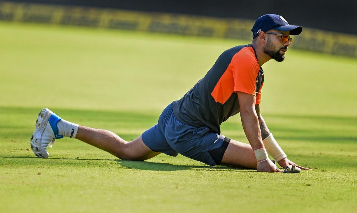 Indian cricket team captain Virat Kohli during a practice session ahead of their first test match against West Indies, in Rajkot, Wednesday, Oct 3, 2018. (PTI Photo)